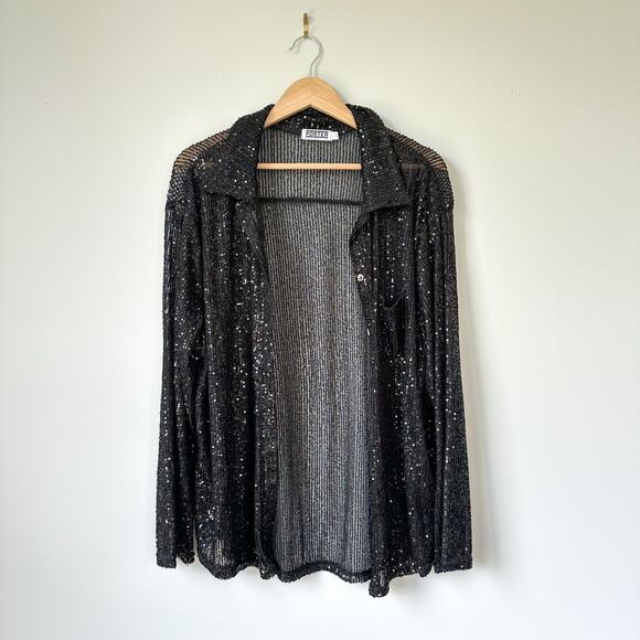 Porter Collective Sequins Townes Sheer Button Front Long Sleeve Blouse Black L - Picture 2 of 8